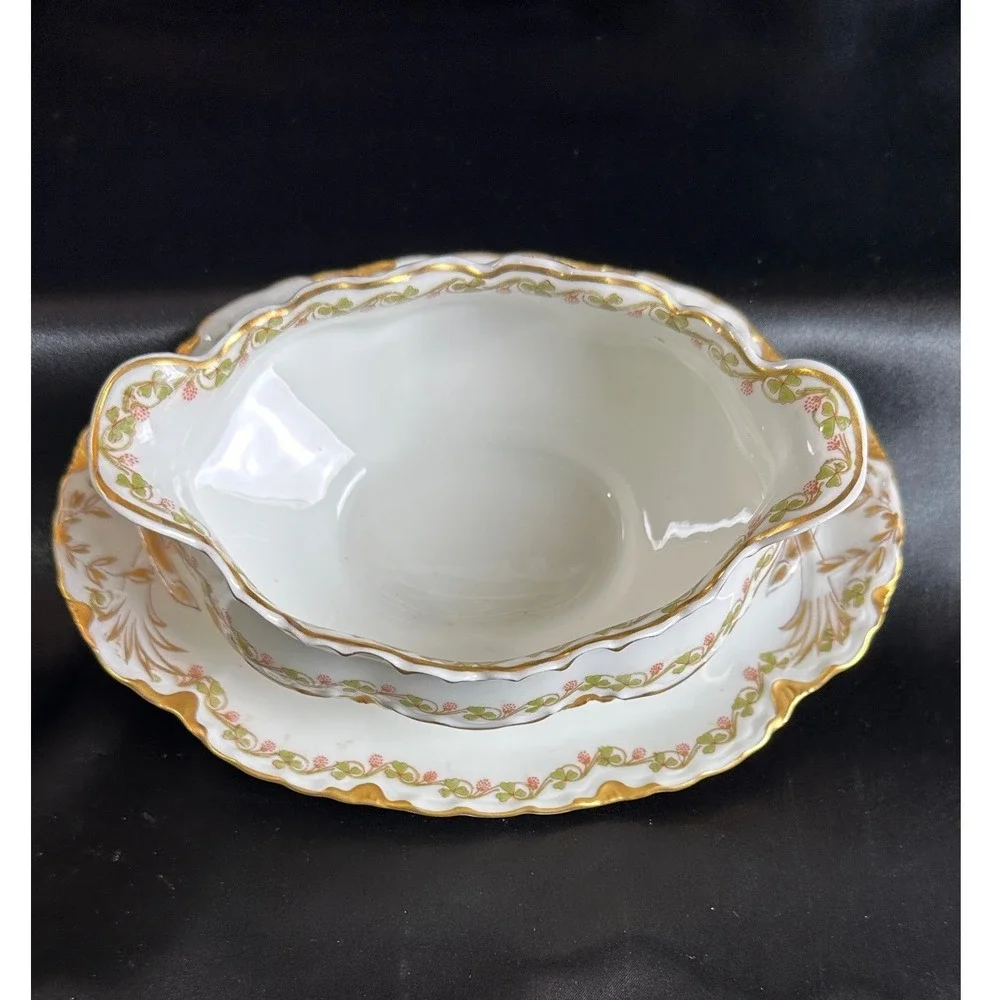 Haviland Limoges Gravy Boat Attached Underplate Schleiger 788 Floral Gold 9in